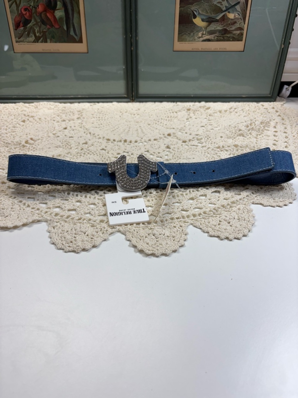 True Religion Blue Denim Belt with Crystal Horseshoe Buckle